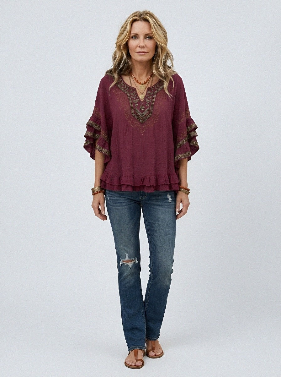 Women's Western Vintage Aztec Embroidered Ruffle Printed Top
