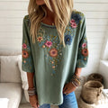 Women's Vintage Floral Embroidery Art Pattern Crew Neck Linen Blend T-shirt