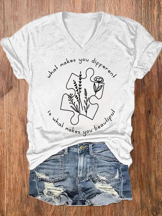 Women's What Makes You Different Is What Makes You Beautiful Autism Awareness V-Neck Tee