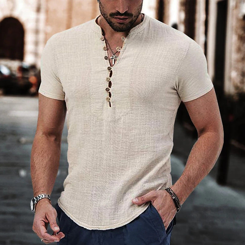 Men's Linen Short Sleeve Henley  T-Shirt
