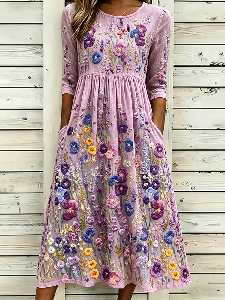 Elegant Violet Wildflower Embroidery Art Flowy Linen Maxi Dress