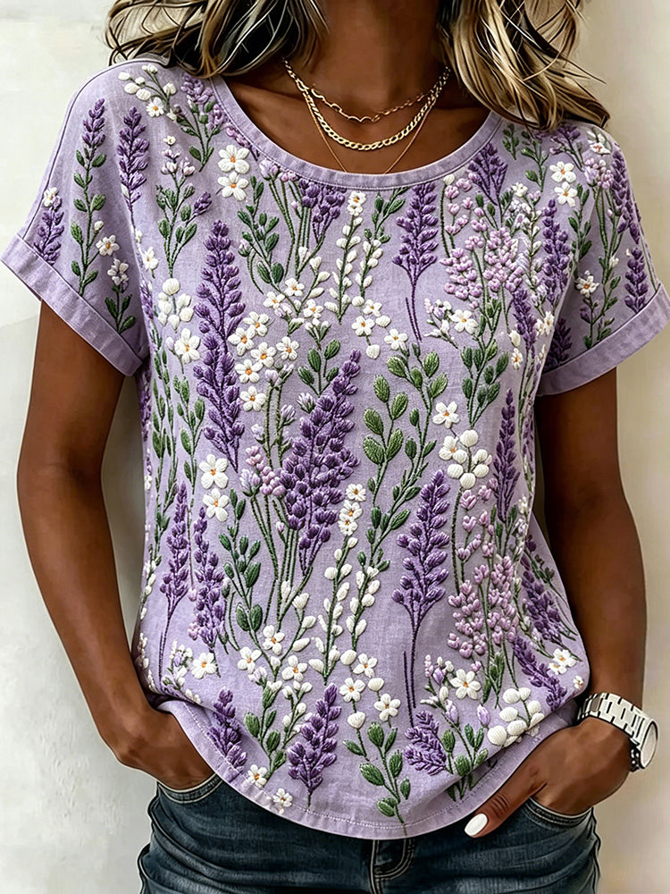 Vintage Lilac Lavender Embroidery Art Washed T Shirt