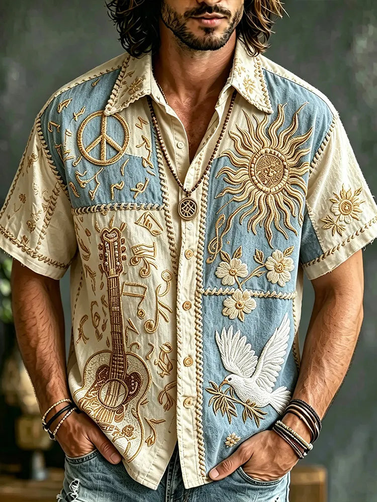 Men's Patchwork Denim Linen Short Sleeve Button Up Shirt, 3d Embroidery Guitar Peace Sign Sun Dove Floral Hippie Boho Vacation Shirt