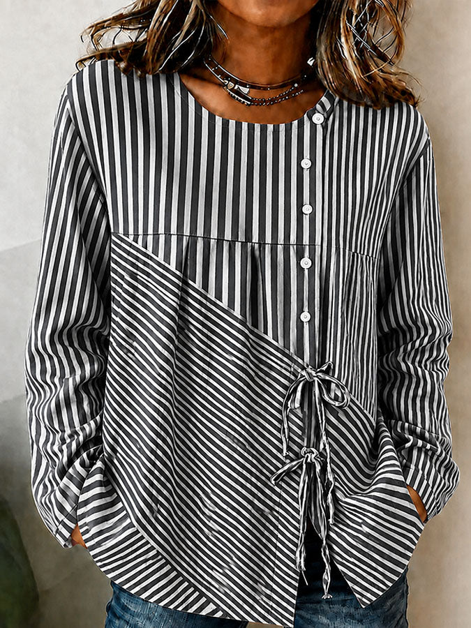 Women'S Breast Cancer Promotion Pink Stripe Art Printing Cotton Linen Long Sleeve Shirt