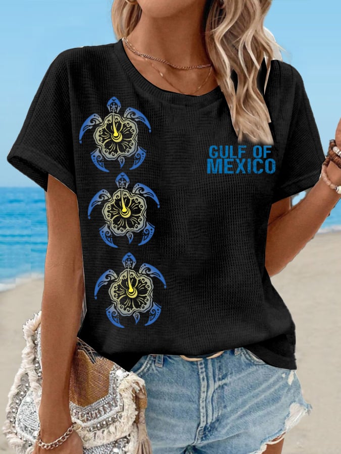 Women's Waffle Mexican Turtle Print T-Shirt