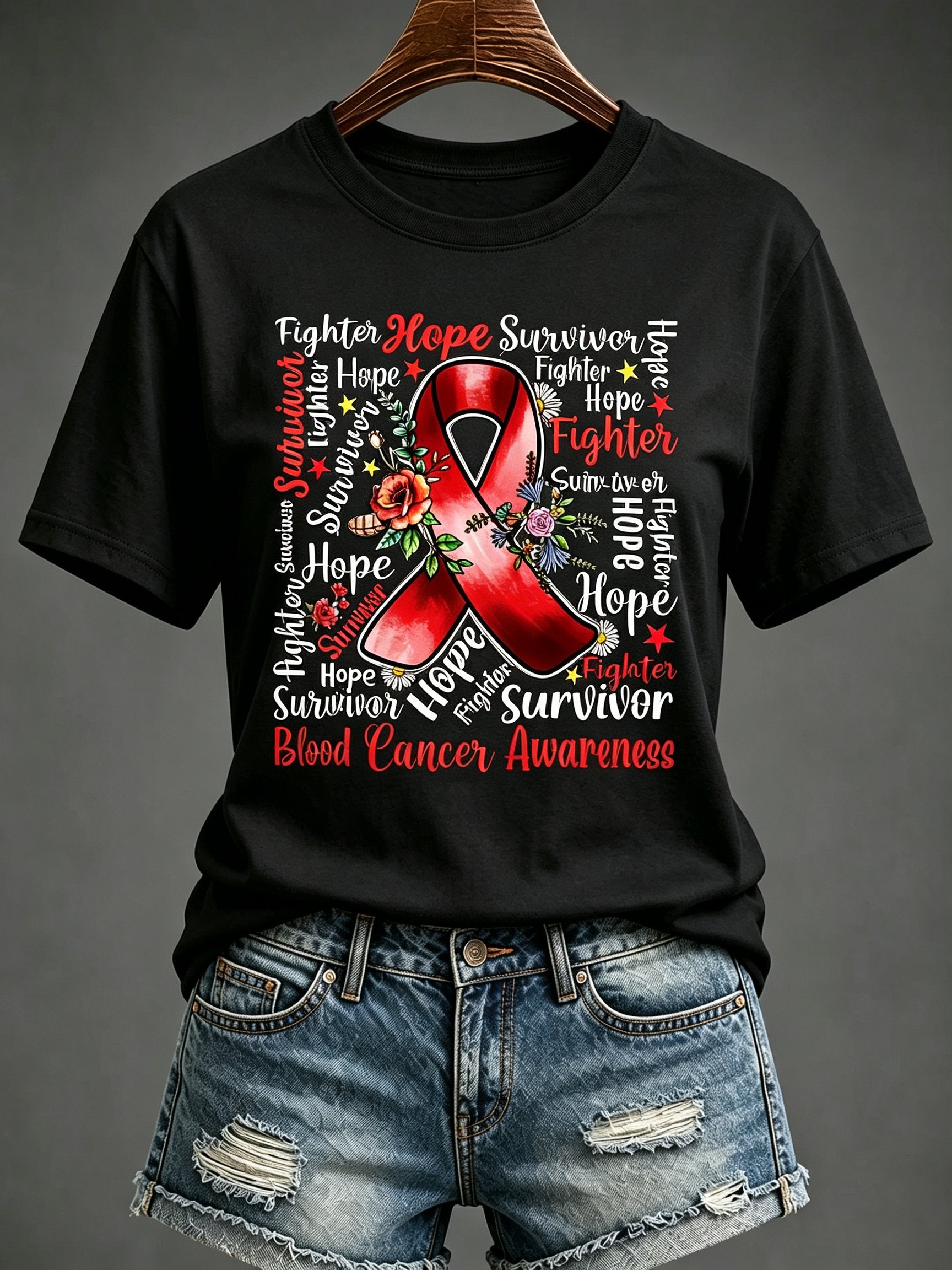 Women'S Blood Cancer Red Ribbon Health Awareness Round Neck T-Shirt