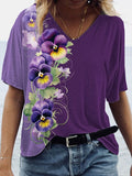 Women's Alzheimer's Purple Floral Print V-Neck T-Shirt