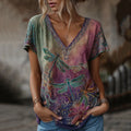 Women's Vintage Dragonfly Floral Art Linen Blend Casual V-neck T-shirt