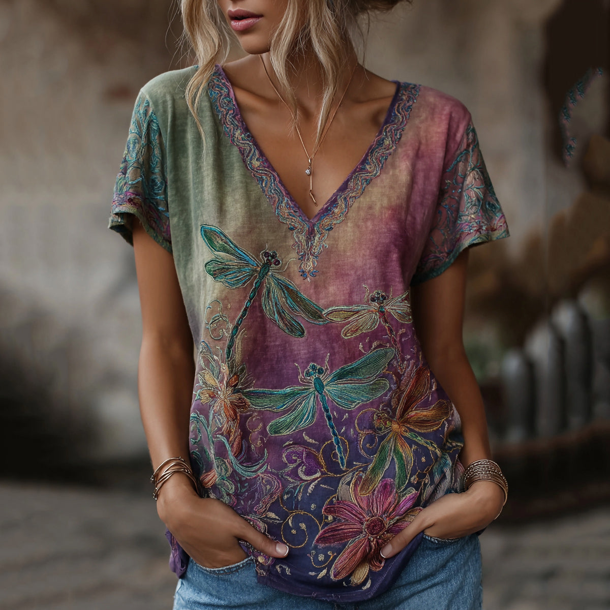 Women's Vintage Dragonfly Floral Art Linen Blend Casual V-neck T-shirt