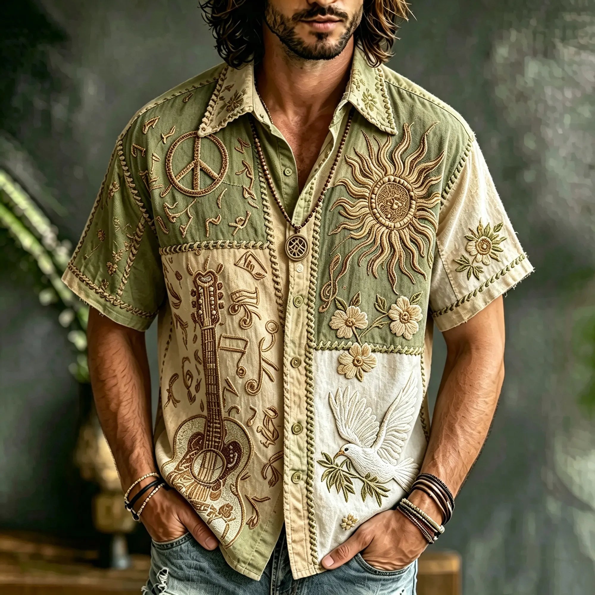 Men's Patchwork Denim Linen Short Sleeve Button Up Shirt, 3d Embroidery Guitar Peace Sign Sun Dove Floral Hippie Boho Vacation Shirt