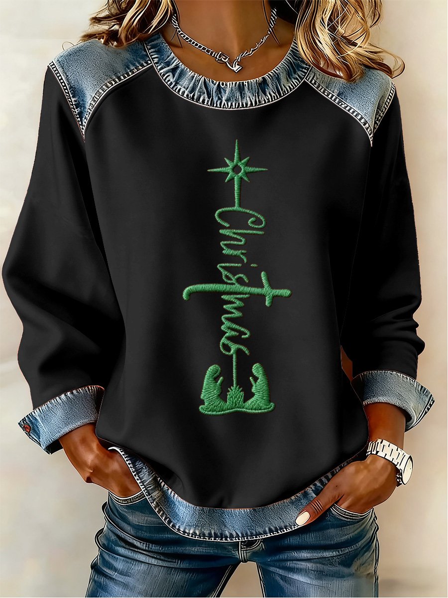 Women's Christmas Faith Print Crew Neck Long Sleeve Top