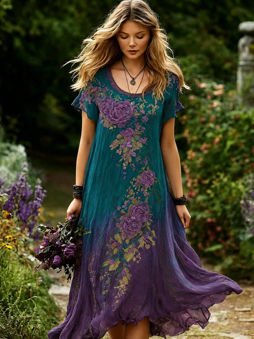 Women's Vintage Rose Floral Short Sleeve Midi Dress