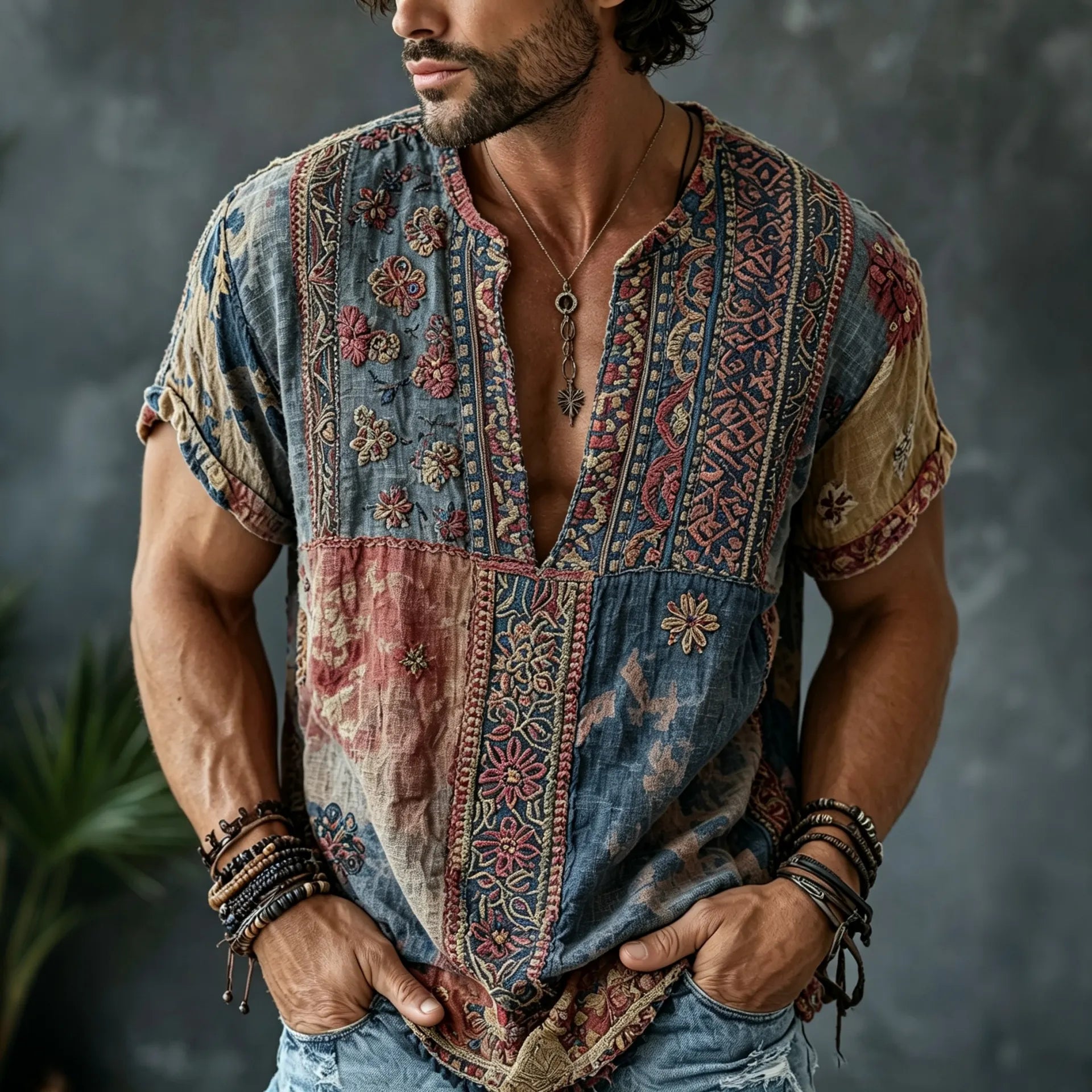 Men's Retro Floral  Patchwork Embroidered Art Print Flowy Linen Blend Casual Shirts