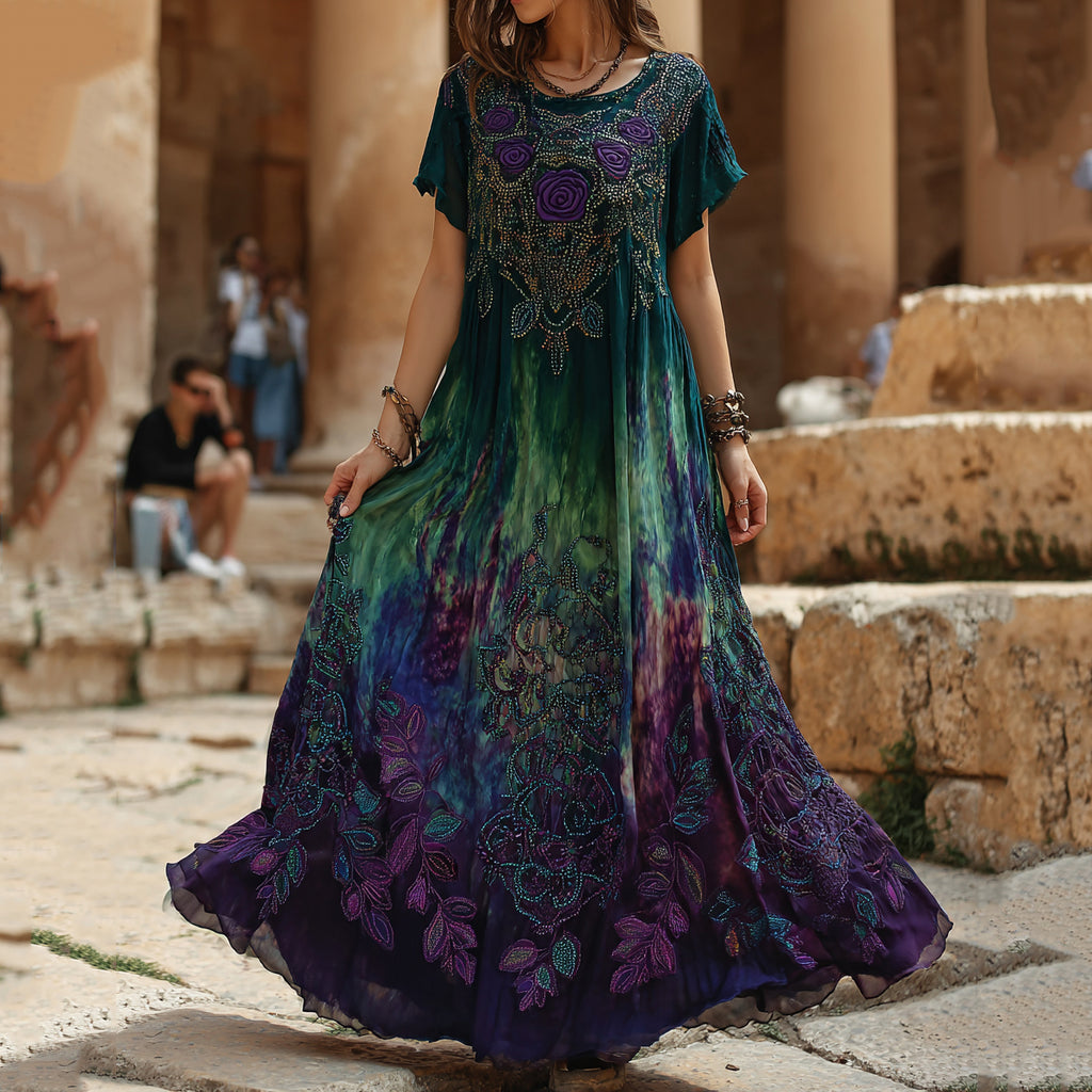 Women's Vintage Floral Embroidery Gradient Pattern Round Neck Maxi Dress
