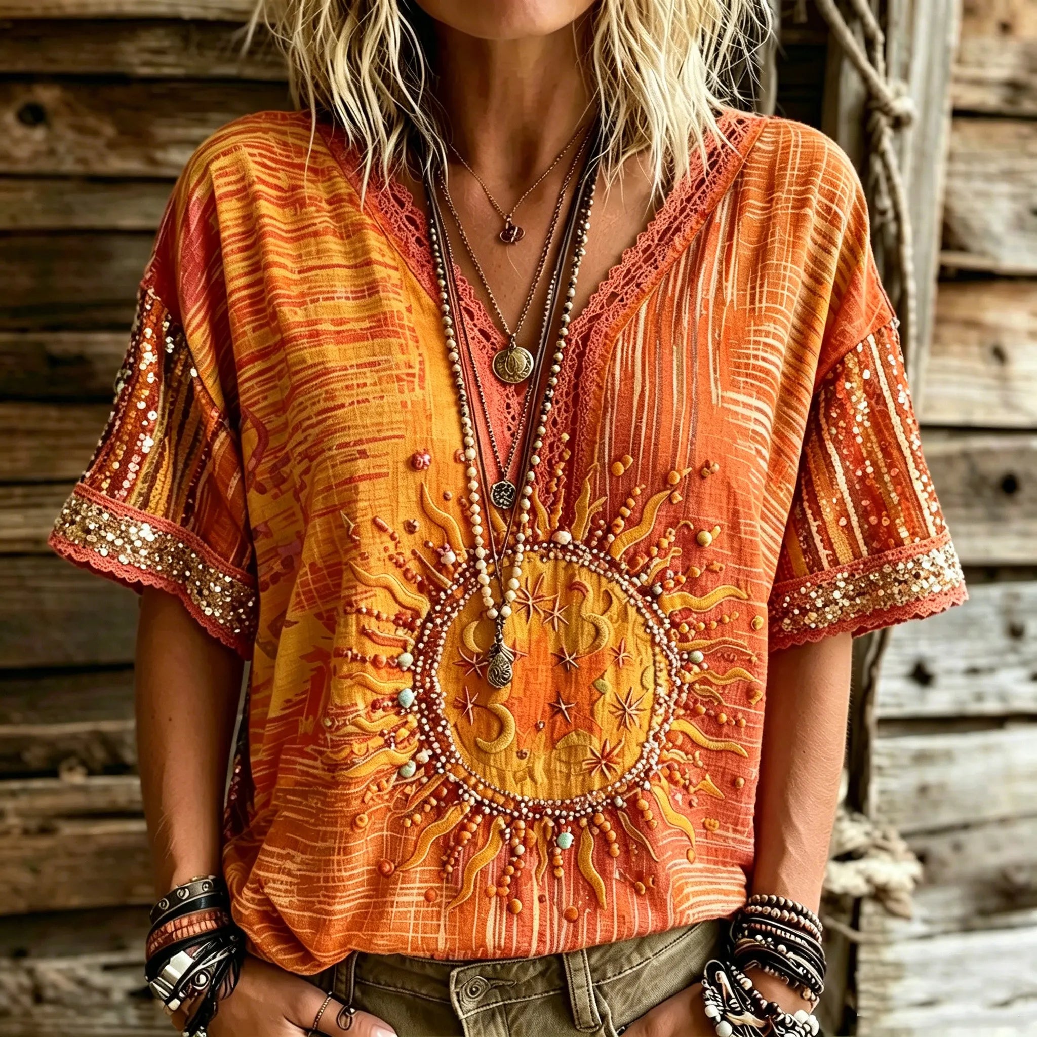 Women's Retro Star And Moon Embroidered Print V-neck Top