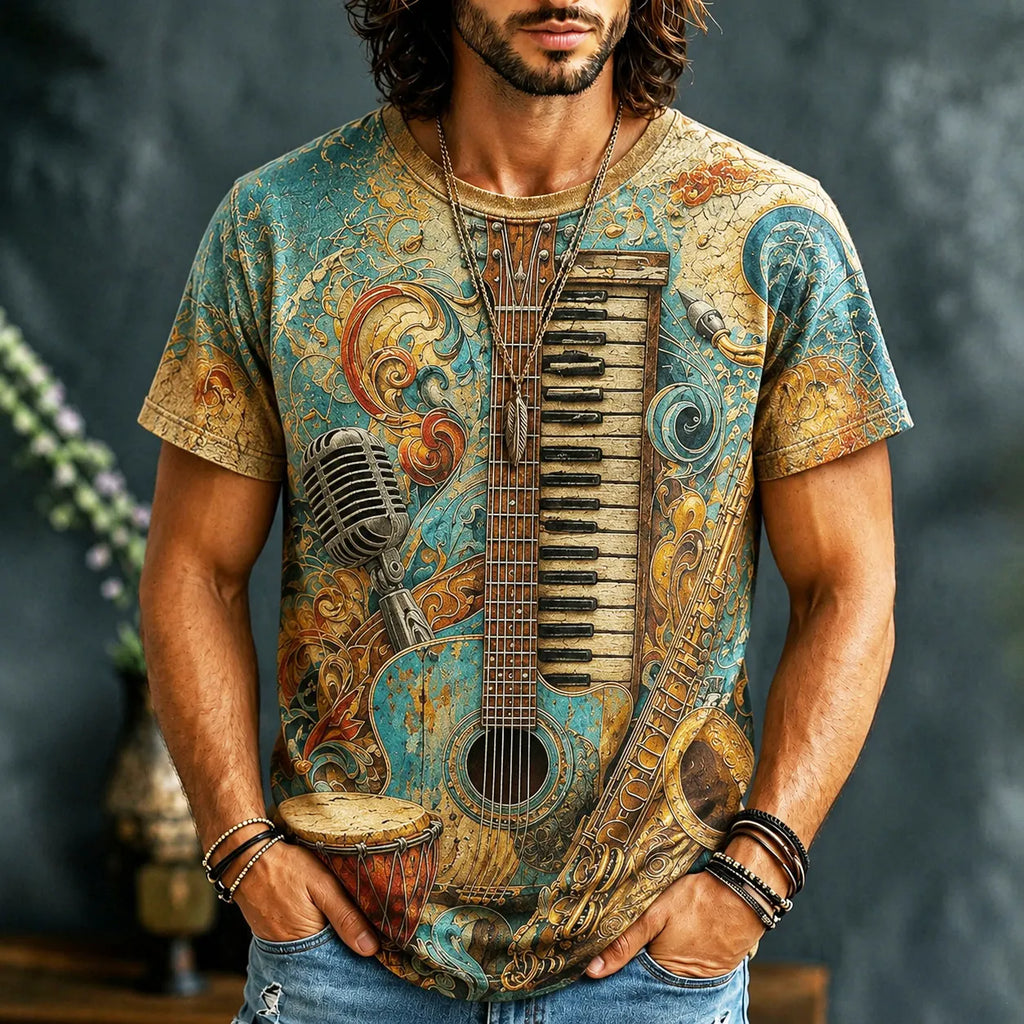 Men's Hippie Vintage Musical Guitar And Piano Print Short Sleeve T-shirt