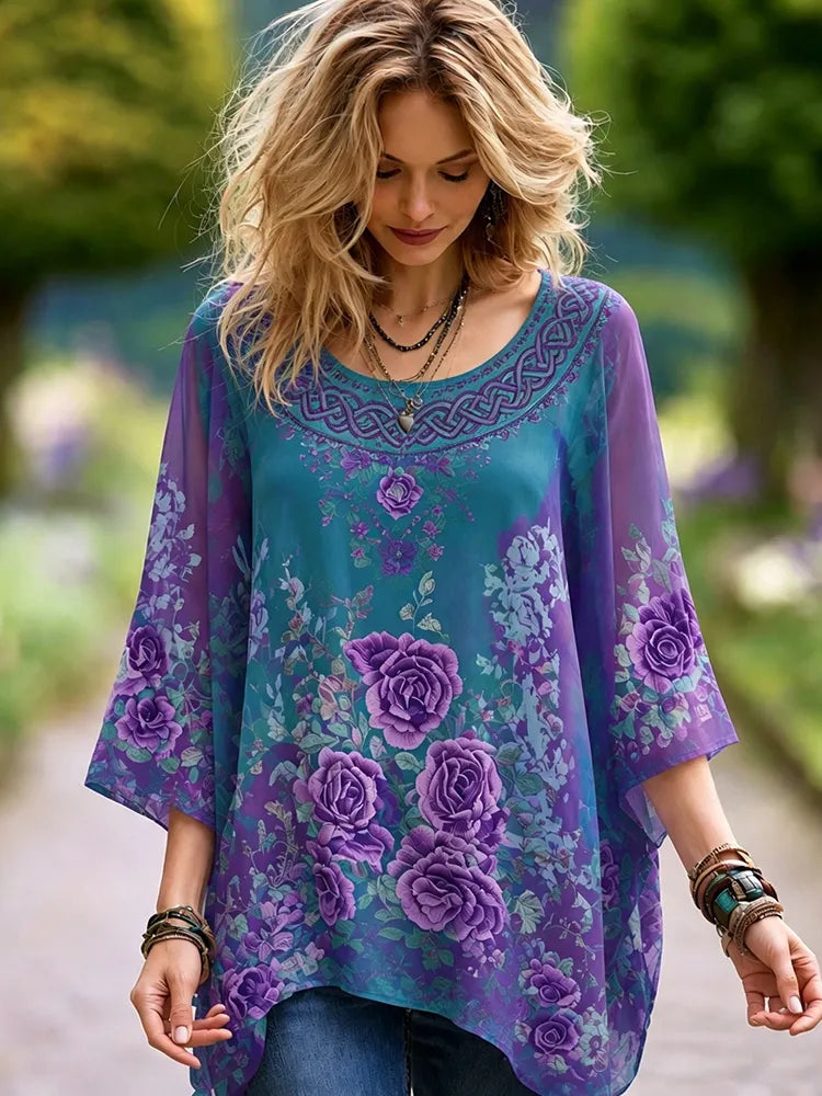 Women's Retro Purple Rose And Celtic Knot Pattern Casual Cotton Linen Crew Neck T-shirt
