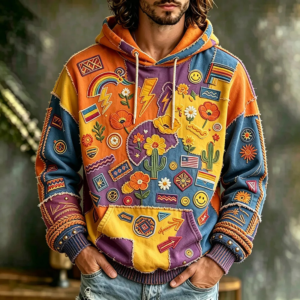 Men's Boho Patchwork Hoodie With Rainbow, Floral, And Smiley Face Embroidery