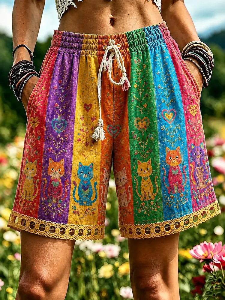 Retro Hippie Rainbow And Cat Pattern Linen Blend Shorts