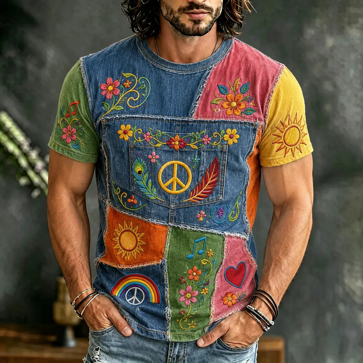 Men's Vintage Hippie Patchwork Art Floral Embroidered Short Sleeve T-shirt