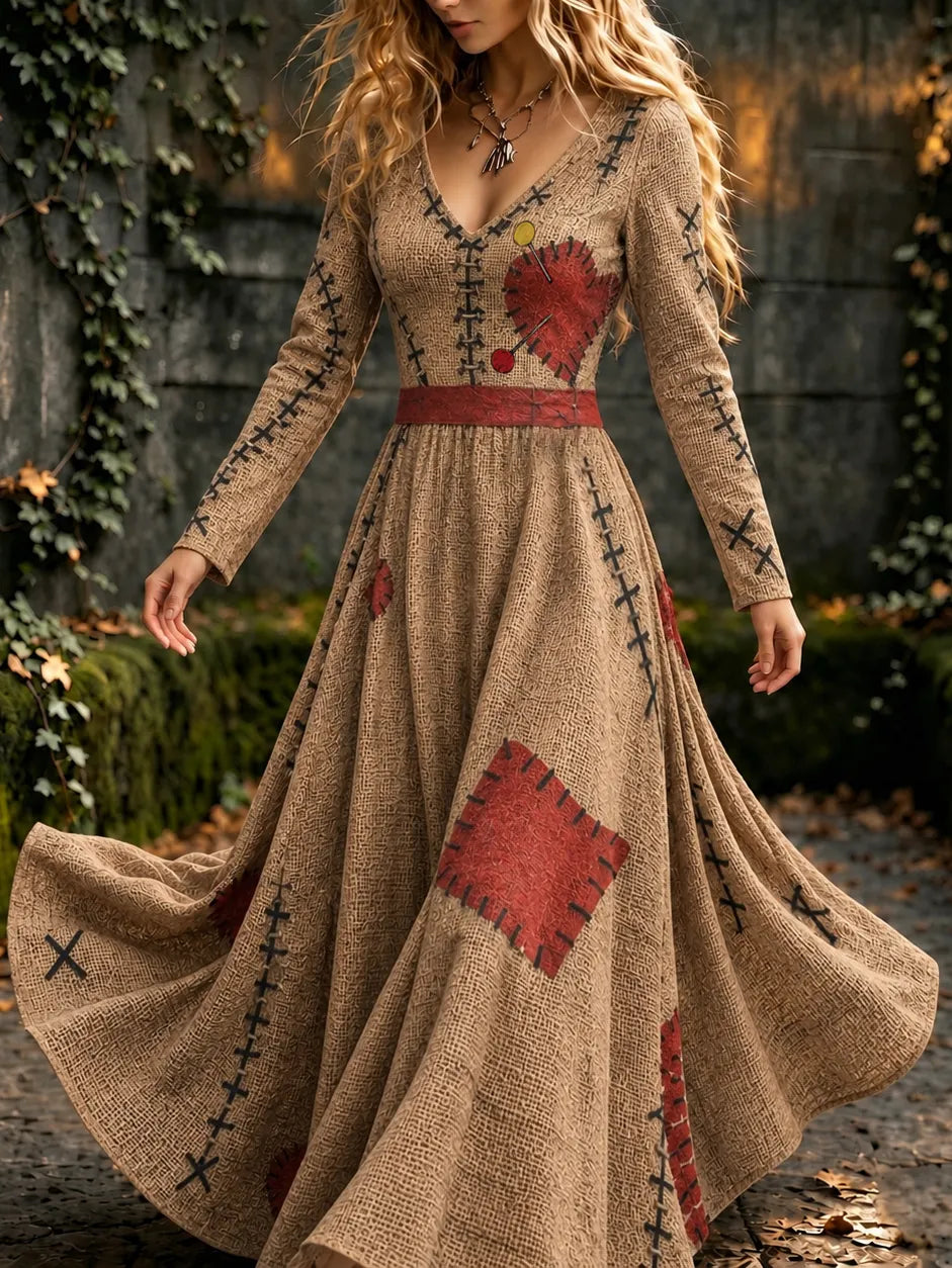 Women's Halloween Voodoo Doll Cosplay V-neck Maxi Dress