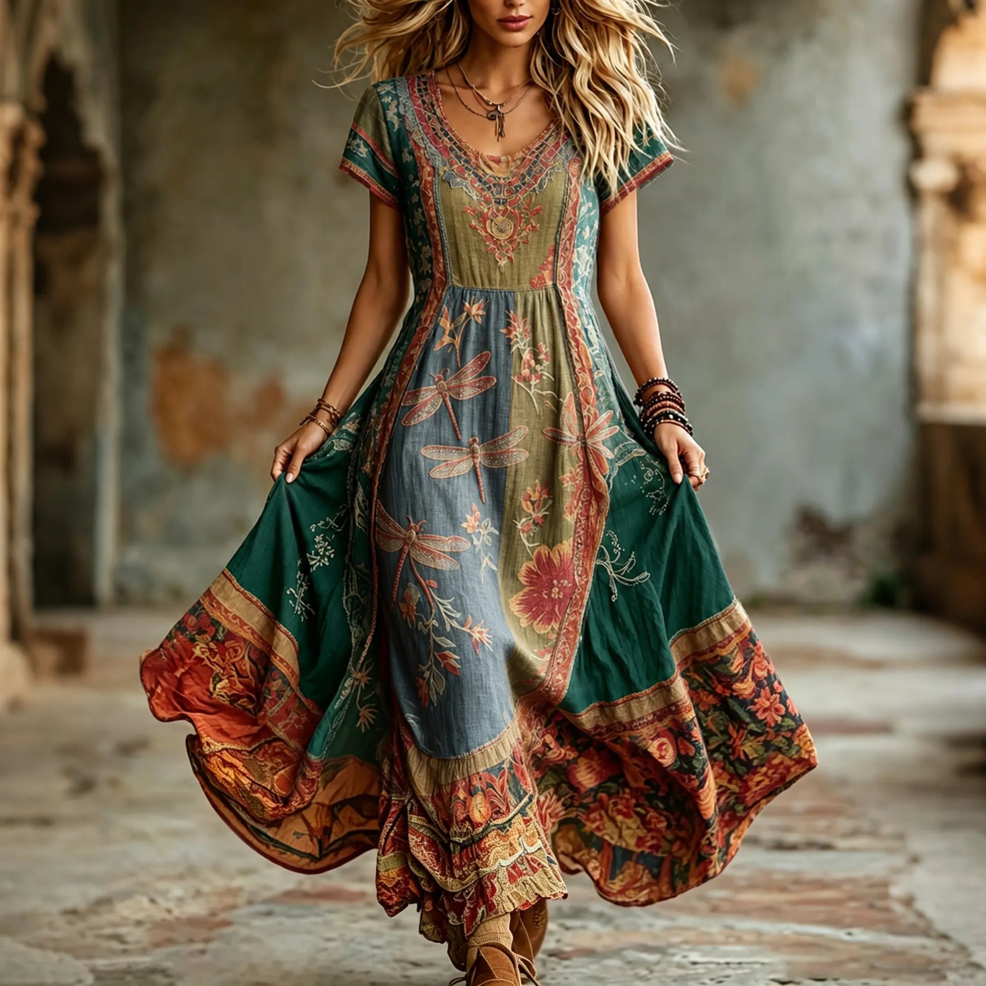 Women's Hippie Floral And Dragonfly Pattern Art Embroidered Linen Blend Maxi Dress