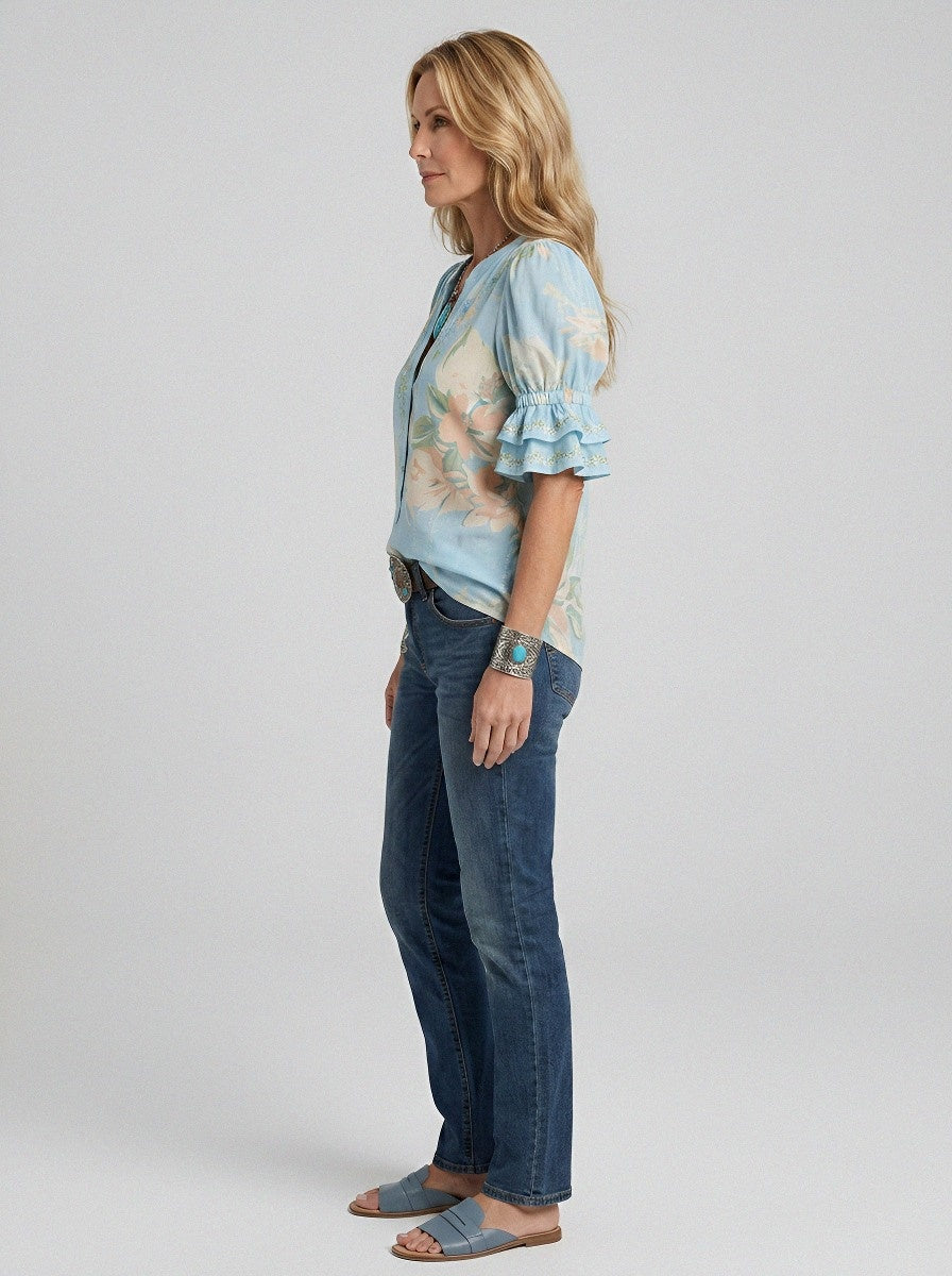 Women's Western Vintage Floral Embroidered Printed Blouse