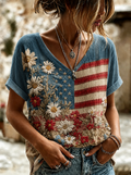 Women'S Retro Independence Day Printed Casual Short Sleeved T-Shirt