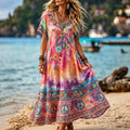Women's Retro Hippie Floral Gradient Art Casual Short Sleeve Linen Maxi Dress