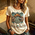 Women's Halloween Bohemian Western Style Cowboy Hat Ghost Short Sleeve Top
