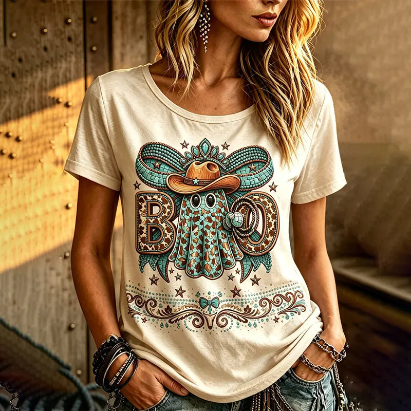 Women's Halloween Bohemian Western Style Cowboy Hat Ghost Short Sleeve Top