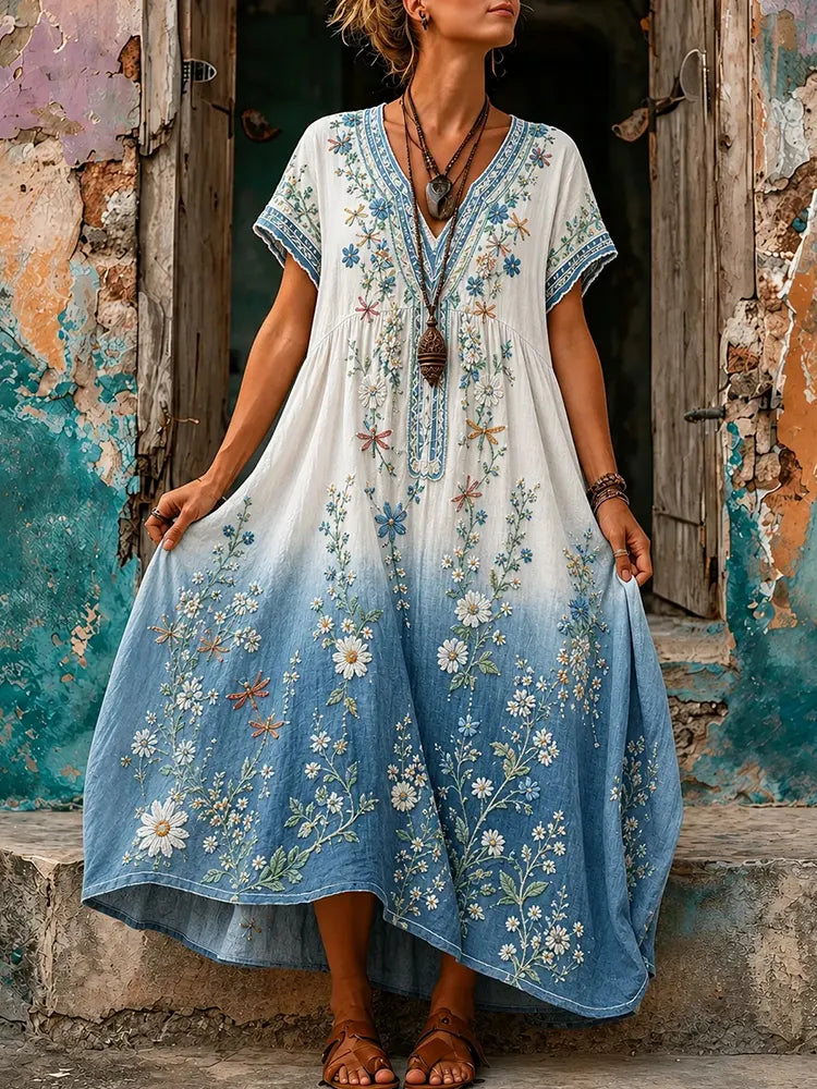 Women's Retro Hippie Floral Pattern Art Embroidered Linen Blend Maxi Dress