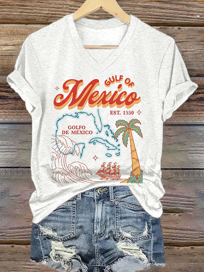 V-neck Retro Gulf Of Mexico Est.1550 Print T-Shirt