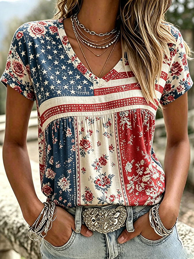 Women'S Patriotic Printed Cotton And Linen Top