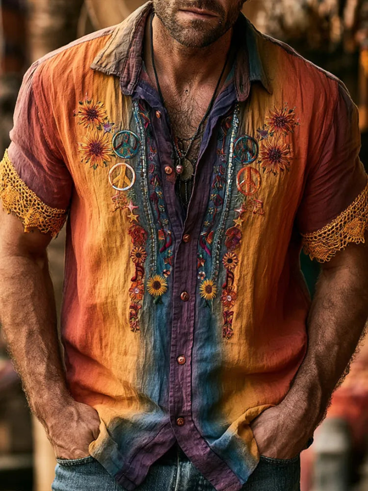 Men's Hippie Floral And Peace Symbol Art Tie-dye Casual Linen Blend Short Sleeve Shirt