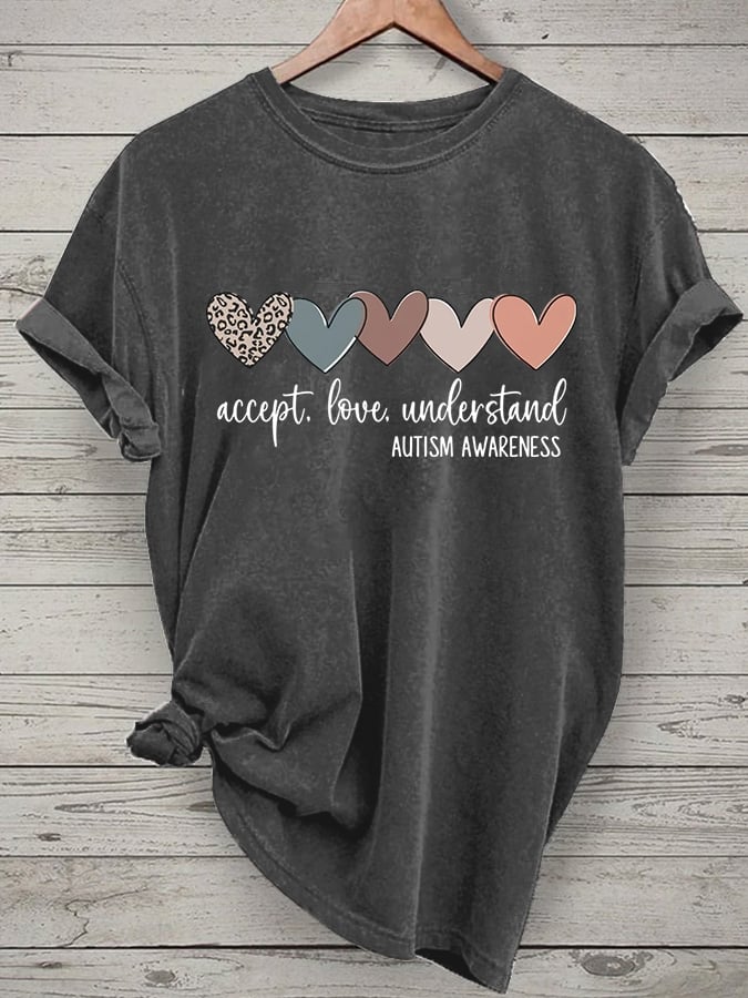 Women's Accept Love Understand Autism Awareness Printed Short-Sleeved T-Shirt