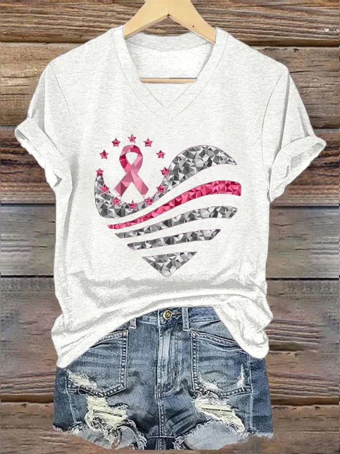 Women's Breast Cancer Awareness Pink Ribbon Print V Neck T-shirt