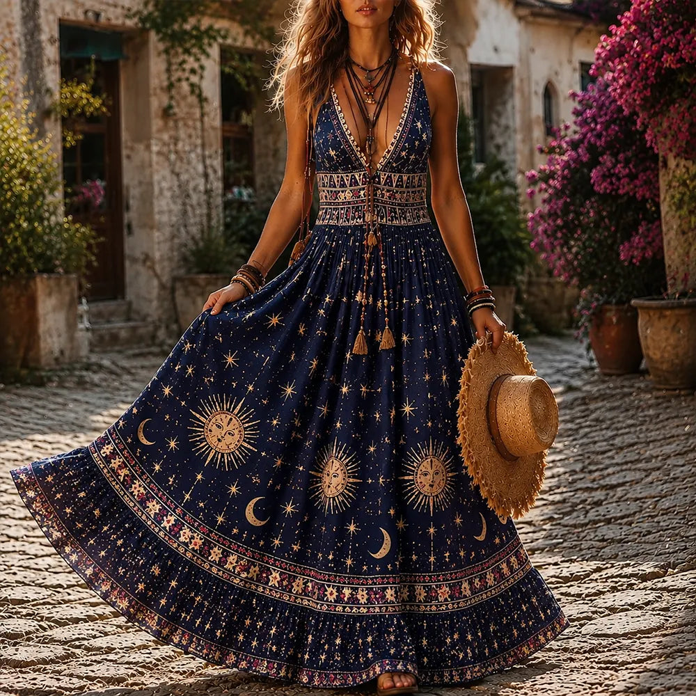 Women's Bohemian Celestial Sun, Moon, And Star Print Deep V-neck Long Dress