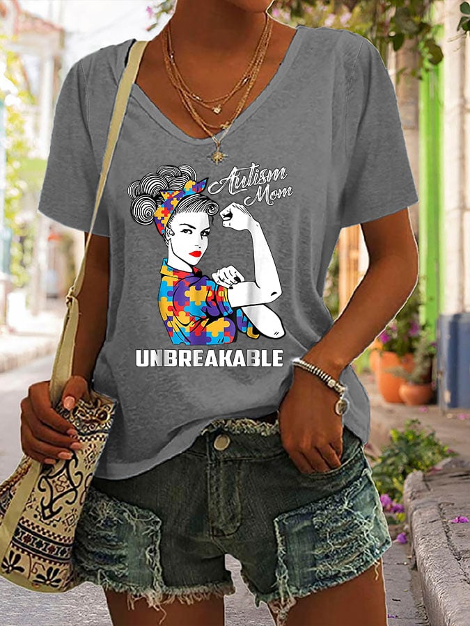 Women'S Autism Mom Unbreakable V Neck Short Sleeve T-Shirt