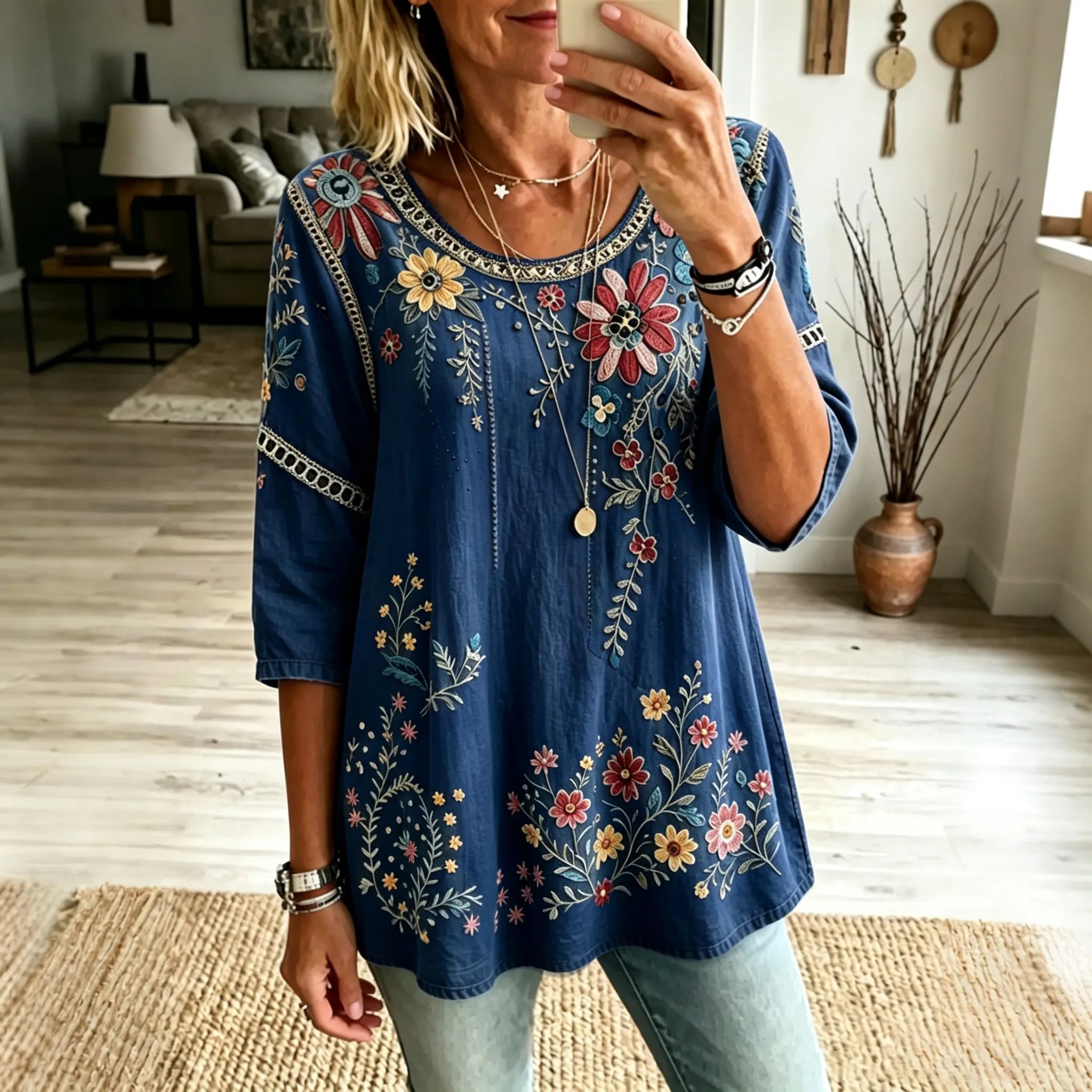 Women's Retro Floral Vacation Cotton Linen Top