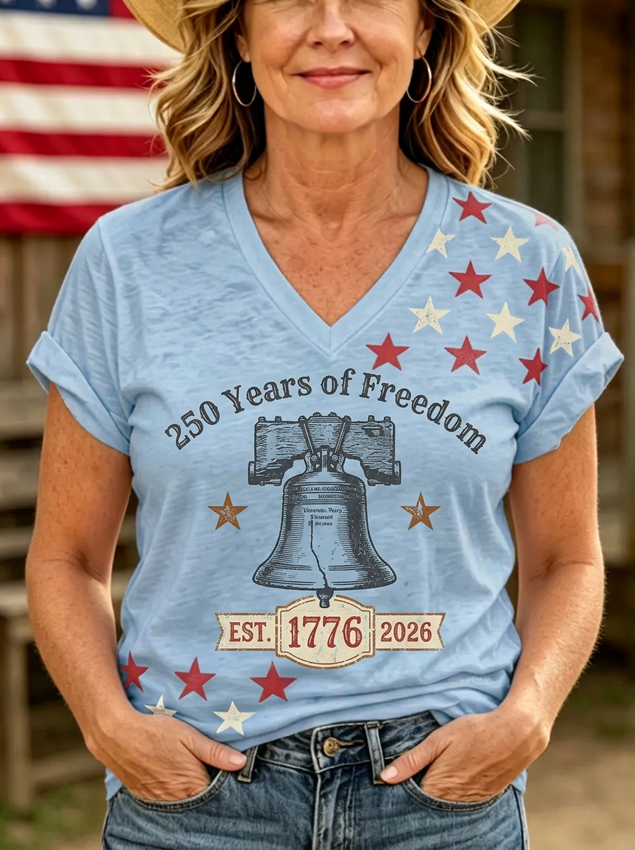 Women's 4th of July Liberty Bell 250 Years Printed V-neck T-shirt