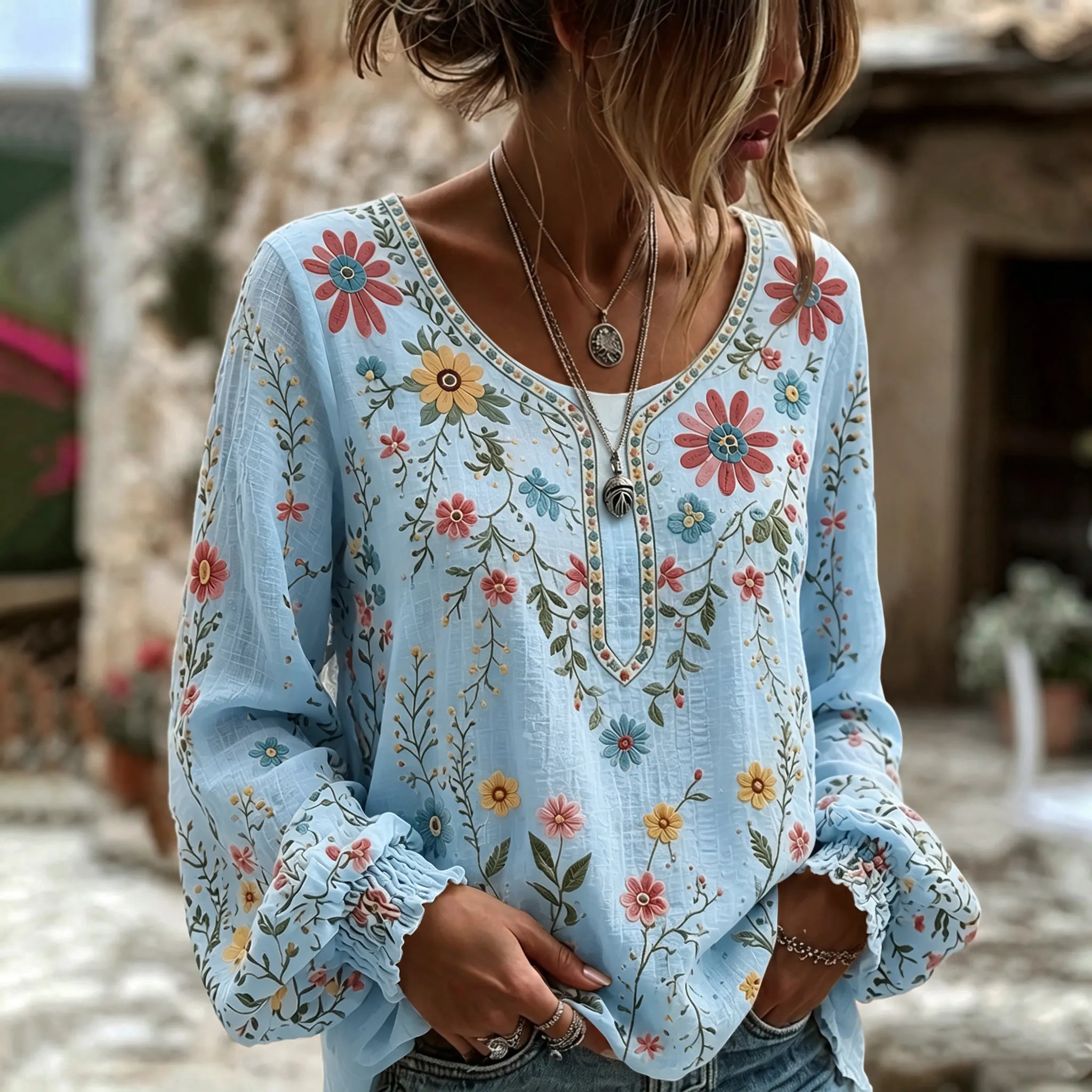 Women's Vintage Floral Art Print Flowy Linen Blend Linen Blend Long Sleeve Casual Tops