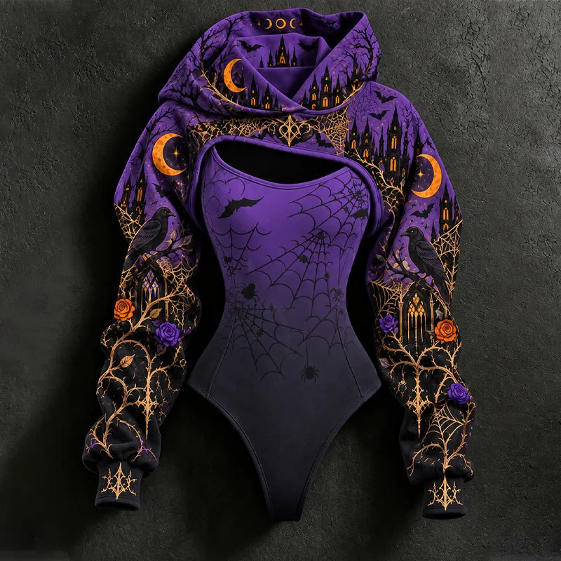 Women's Halloween Gothic Spiderweb And Crow Print Hoodie Two-piece Set