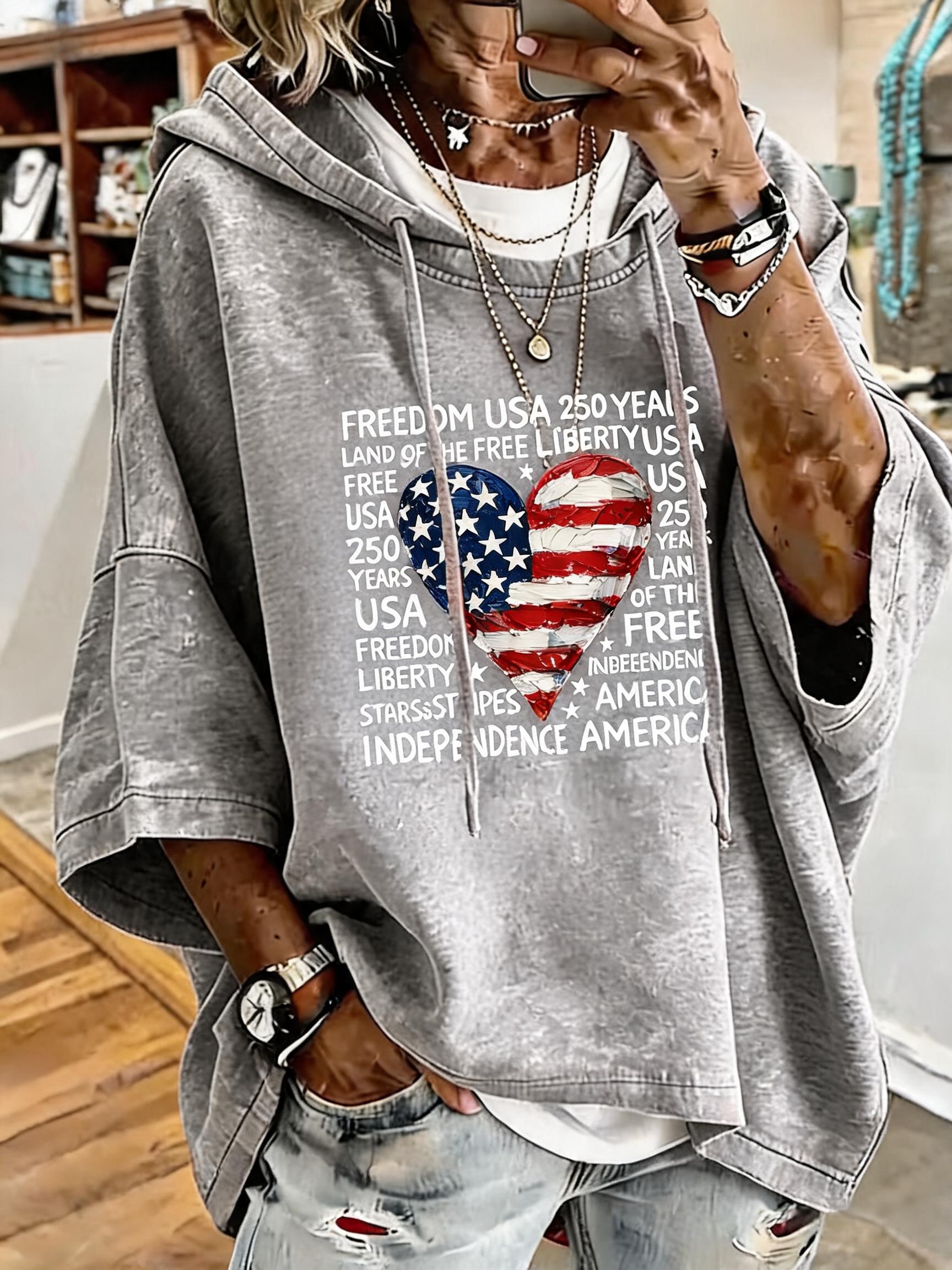 Women's Anniversary Flag Heart Print Oversized Hoodie
