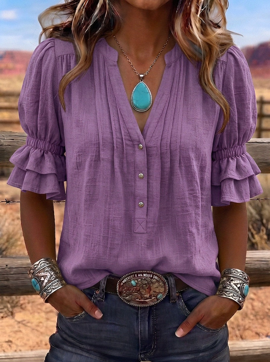Women's Western Vintage Style Ruffled Sleeve Button-Down Top