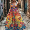 Women's Retro Hippie Floral Art Peace Symbol Embroidered Cotton Linen Sleeveless Dress