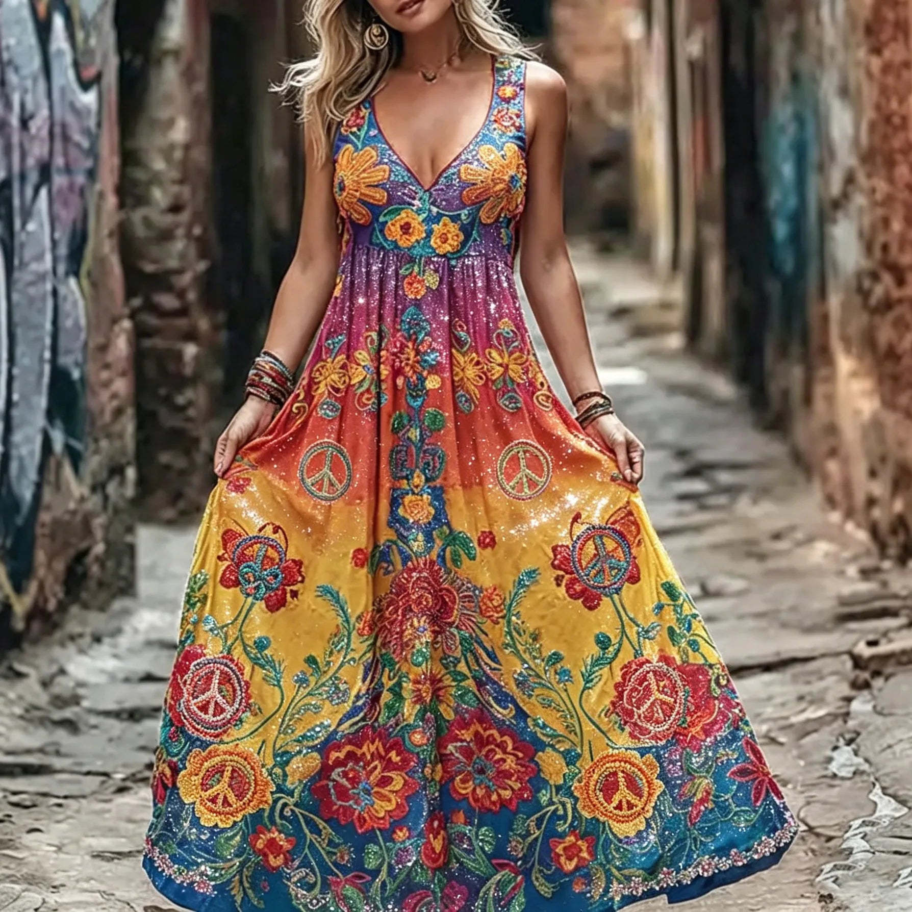 Women's Retro Hippie Floral Art Peace Symbol Embroidered Cotton Linen Sleeveless Dress