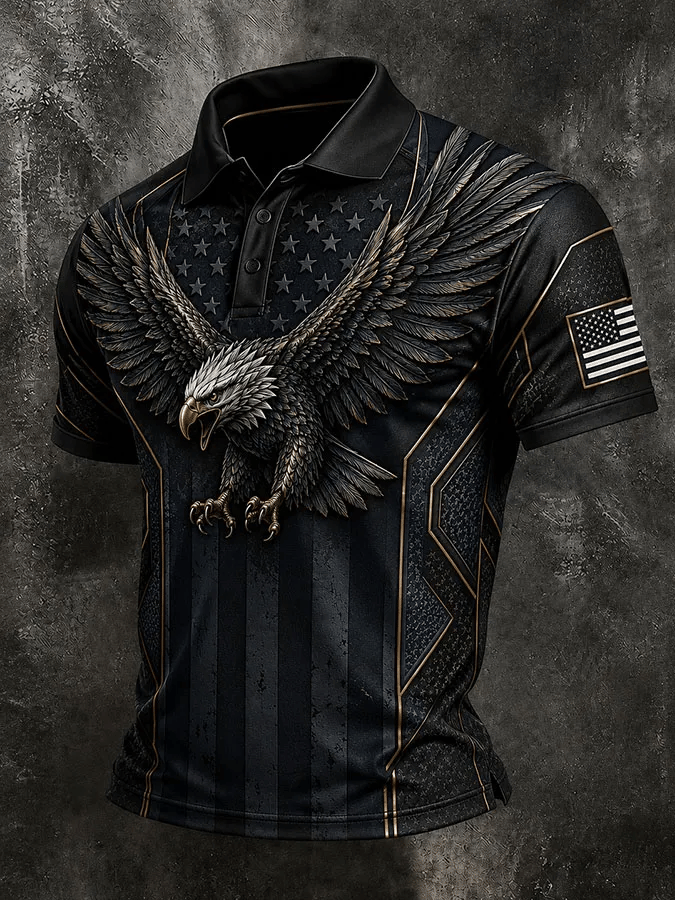 Men'S Retro Independence Day Flag Printed Short Sleeved Polo Shirt