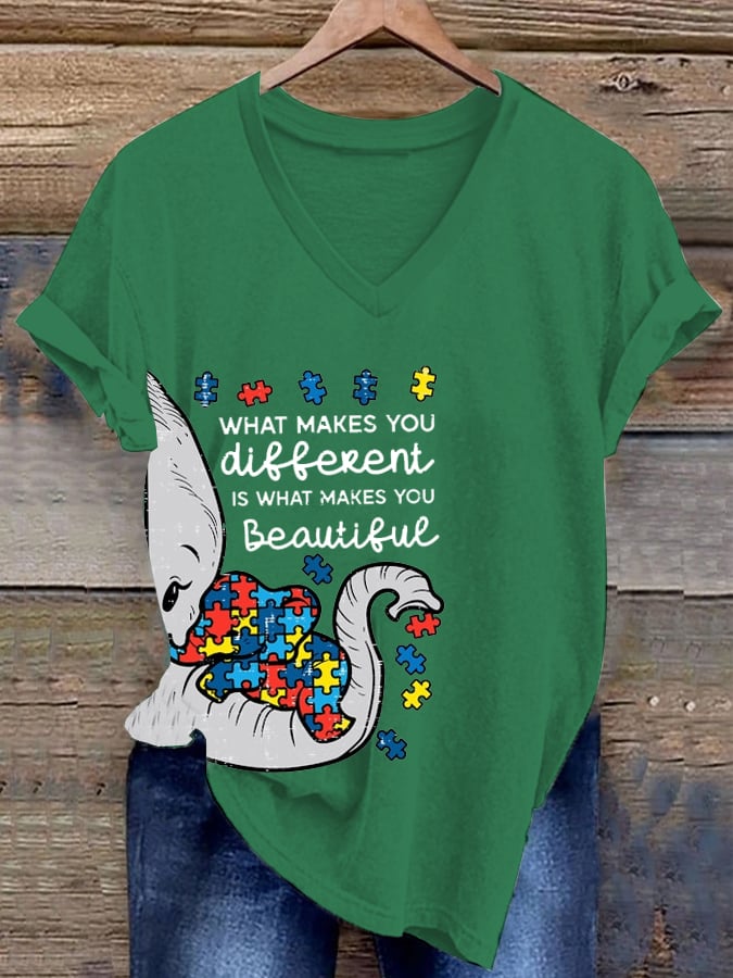Women's  Autism Awareness Printed Casual V-Neck T-Shirt