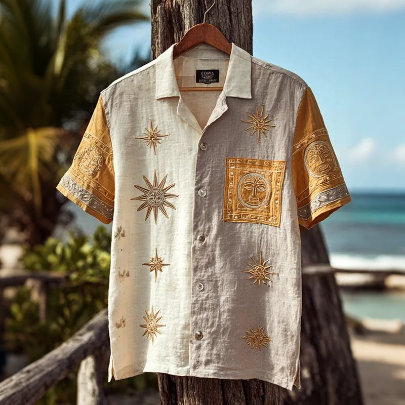 Men's Retro Hippie Color Block Sun And Moon Print Shirt